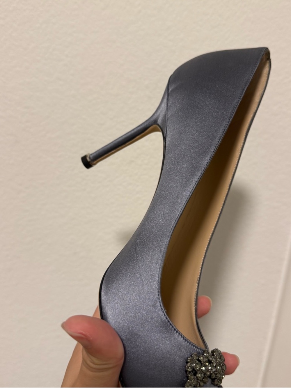 Manolo Blahnik Gray Satin Hangisi Jewel Buckle Heels - Picture 10 of 12